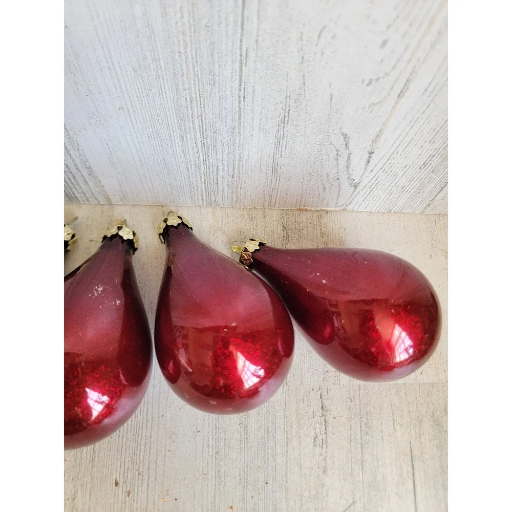 Vintage dark red glitter teardrop glass ornament Xmas set unique home decor
